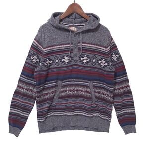 Ruff Hewn Fair Isle Knit Hoodie Men's Size L Knit Pullover Nordic Button-up Gray